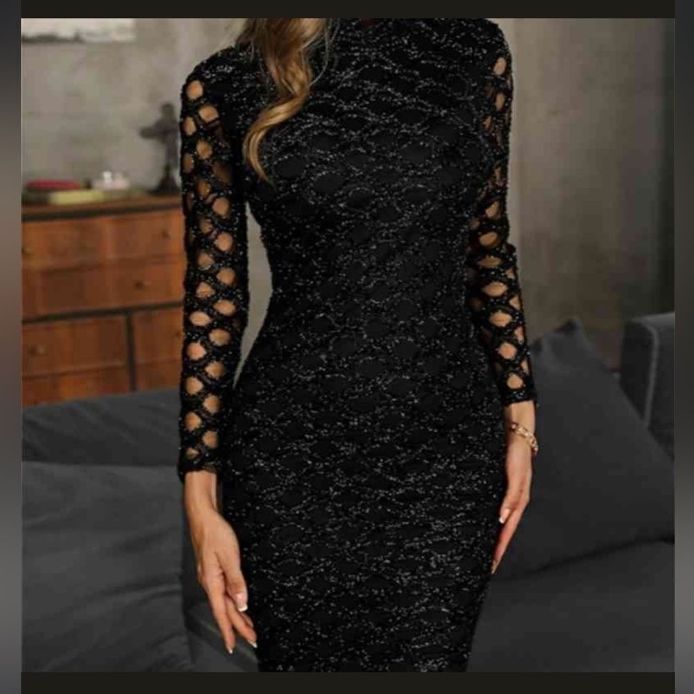 New CBR Black Fitted Festive Party Dress. Sparkly Flocked Fabric Over Lace. M
